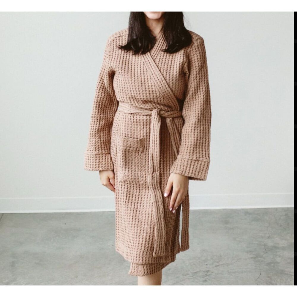 NWT Goumi Mom Natural Waffle Robe XS/S Tan Pockets Womens Organic Cotton